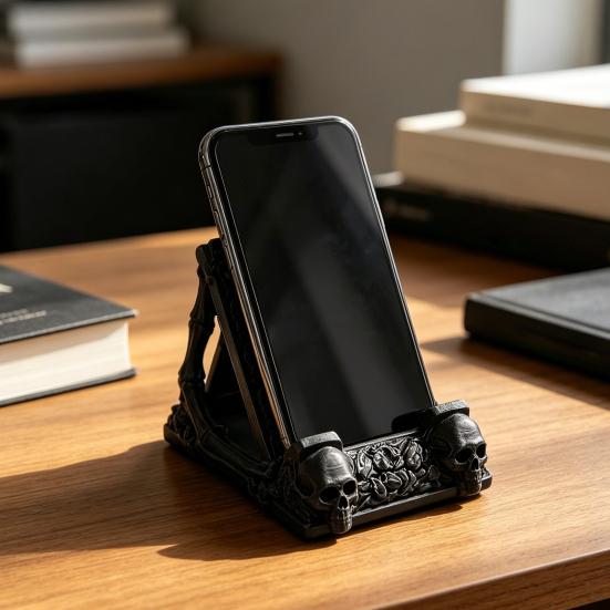 Gothic Skull Phone Holder Stand, 3D Printing Matte Black Skeleton Shape, Stable Support Mobile Phone Holder for Desktop Accessory