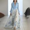 Dames Maxi Jurk met Bloemenprint met V-Hals Top met Lange Mouwen, Elegante Blauwe en Gele Bloemenrok