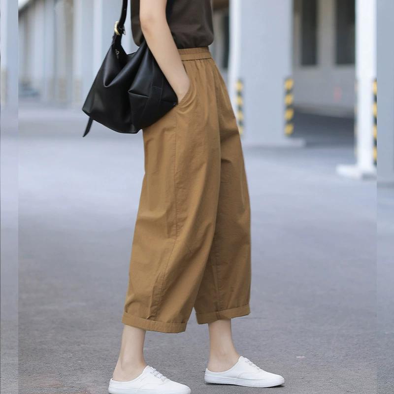 Women Casual Wide Leg Pants Summer Vintage Style Solid Color Loose Comfortable Female Ankle-length Pants