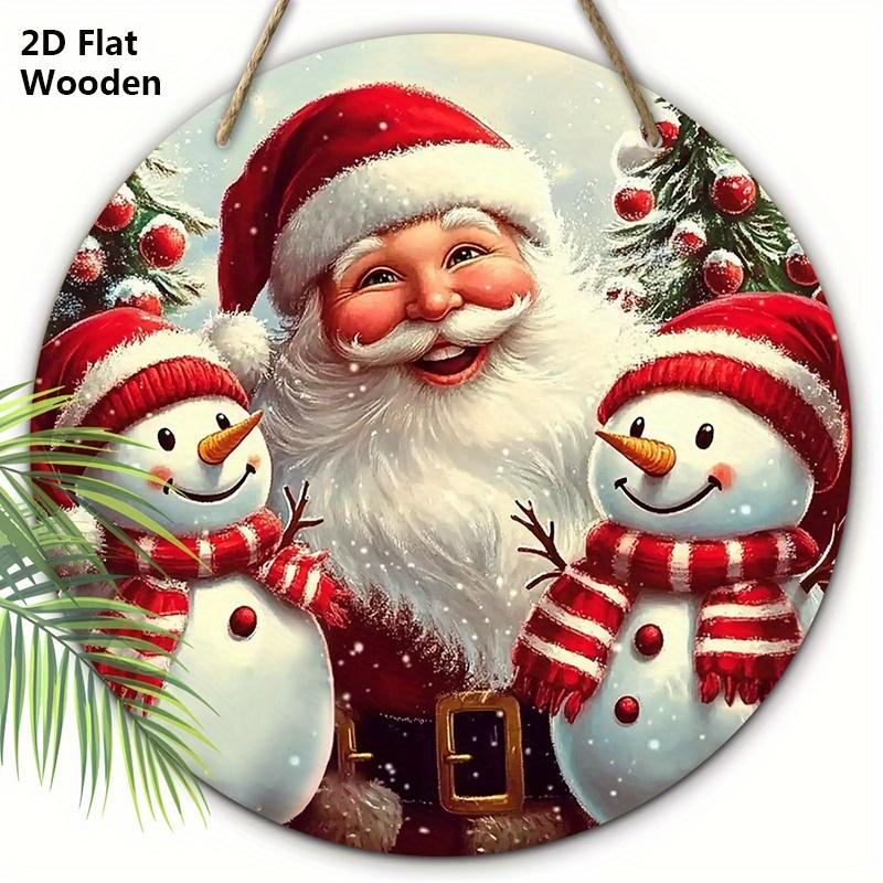 Christmas Wooden Sign with Santa Claus & Snowman Pattern - Navidad Round Sign for Front Door, Wall Hanging Decor - Ideal Christmas Decoration