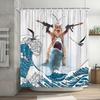 Funny Cat Shower Curtain Cool Dinosaur Dino Japanese Sea Ocean Wave for Kids Children Boys Rustic Wooden Farmhouse Bath Curtains