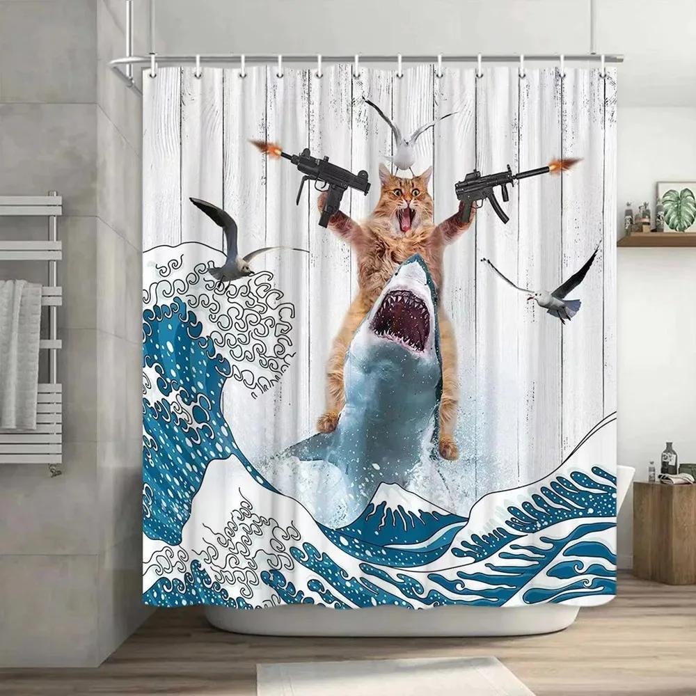 Funny Cat Shower Curtain Cool Dinosaur Dino Japanese Sea Ocean Wave for Kids Children Boys Rustic Wooden Farmhouse Bath Curtains