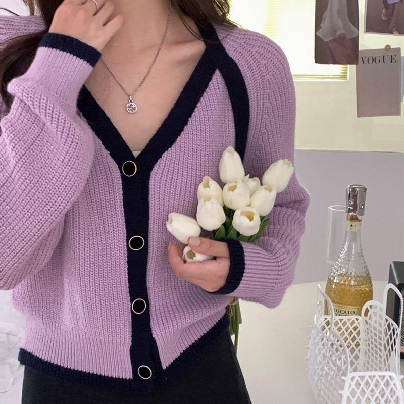 Kleine design stricken strickjacke frauen 2022 herbst langarm feste beiläufige weiche wachsartige farbe kontrast lose pullover strickjacke mantel