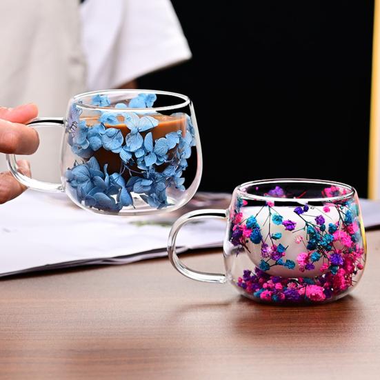 Tasses à café en verre à double paroi, lot de 4, tasses isolées en borosilicate élevé avec un design pétale coloré pour boissons chaudes et froides, thé, latte, jus