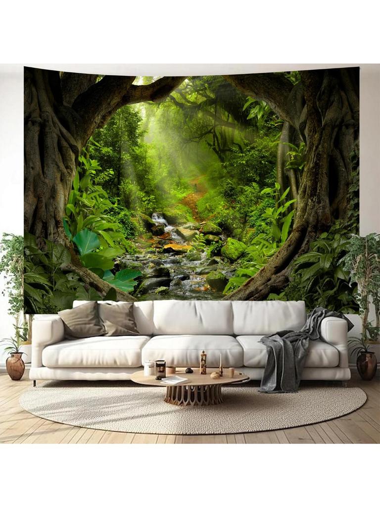 Misty Forest Tree Cave Tapestry Nature Green Tapestry Enchanted Rainforest Tropical Jungle Sunshine Flowing Stream Landscape