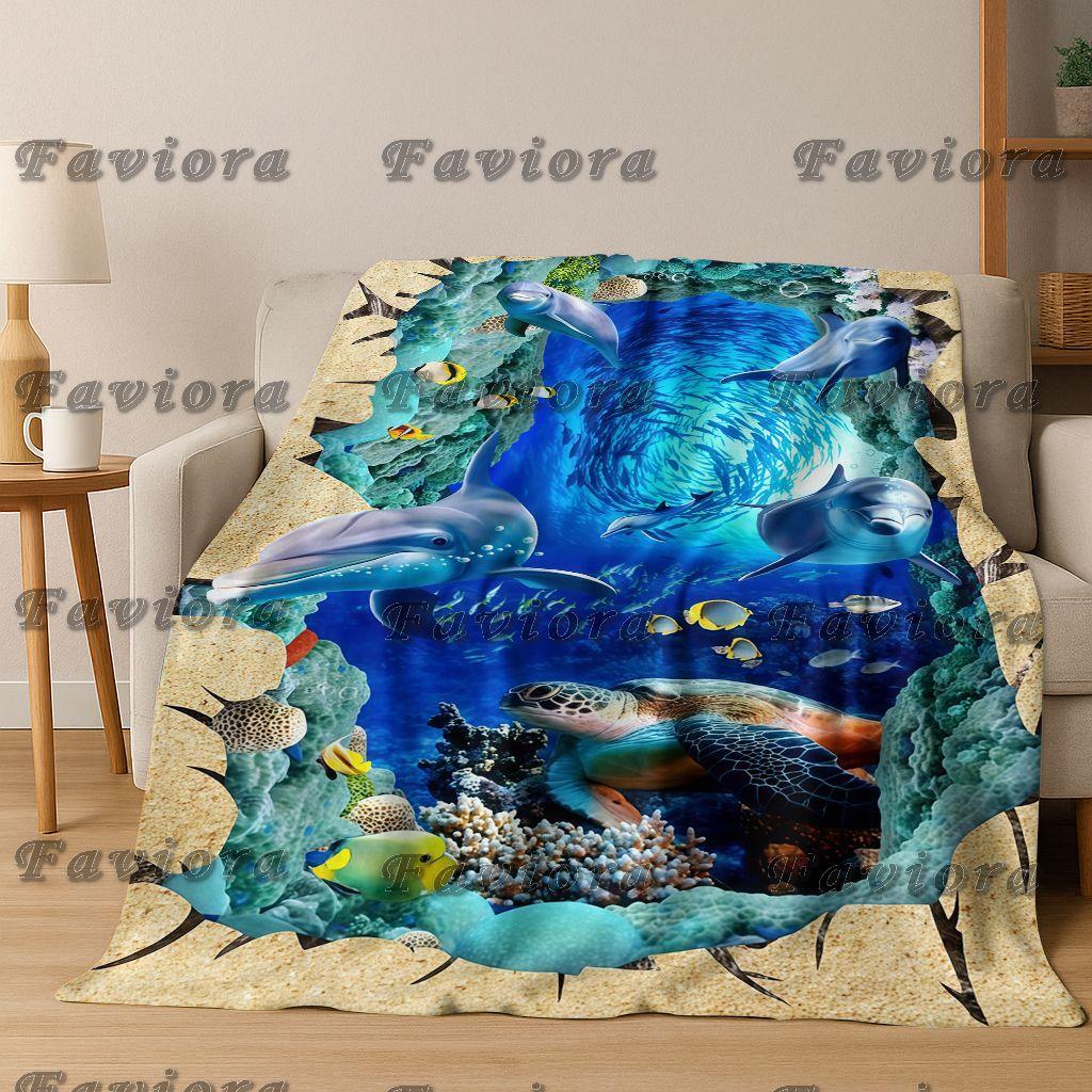 26 Style 3D Illusion Sea Underwater World Dolphin Flannel Blanket,Cozy Soft Throw Blanket for Home Bedroom Bed Sofa Cover Gift