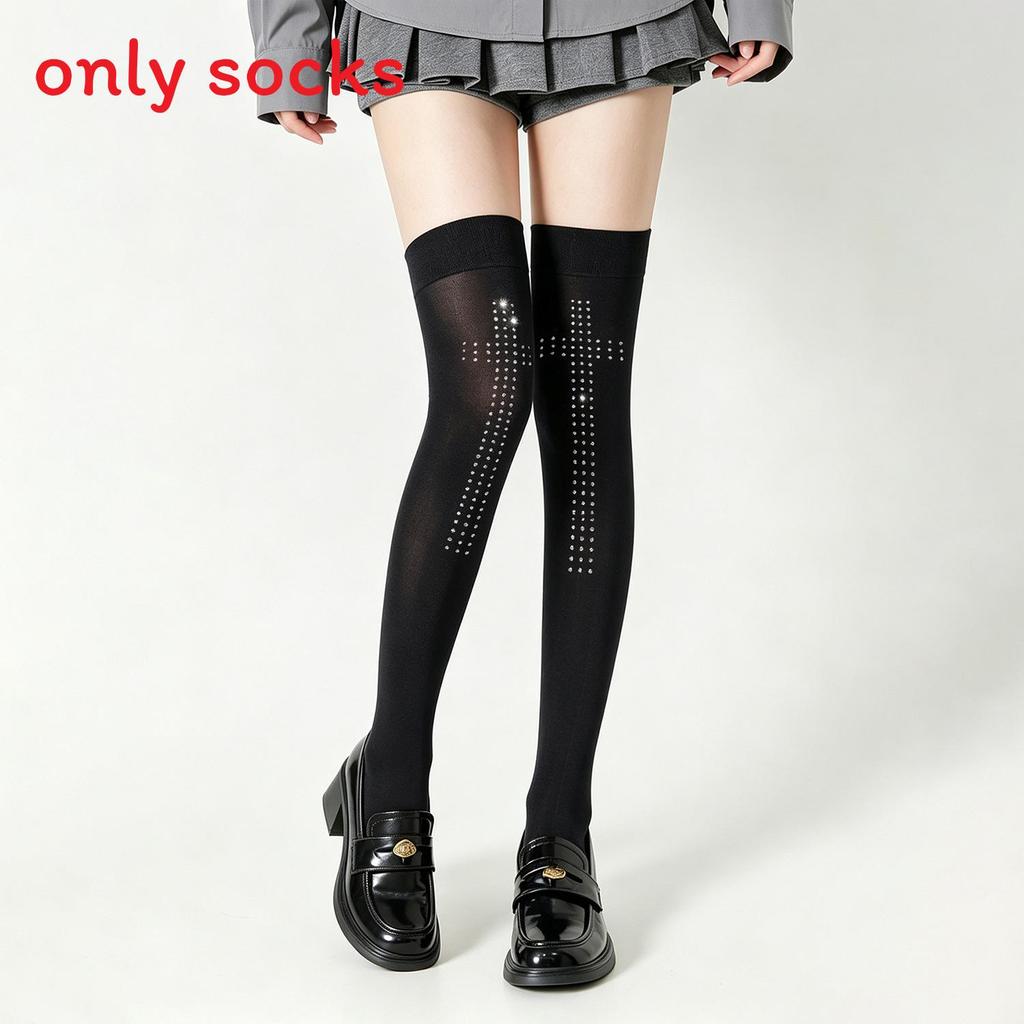 Y2k Gothic Cross Embellished Over Knee Socks With Velvet Material For Streetwear Fashion