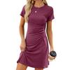 Summer Women Side Drawstring Dresses Solid Round Neck Pleated Short Sleeve Slim A Line Mini Dress