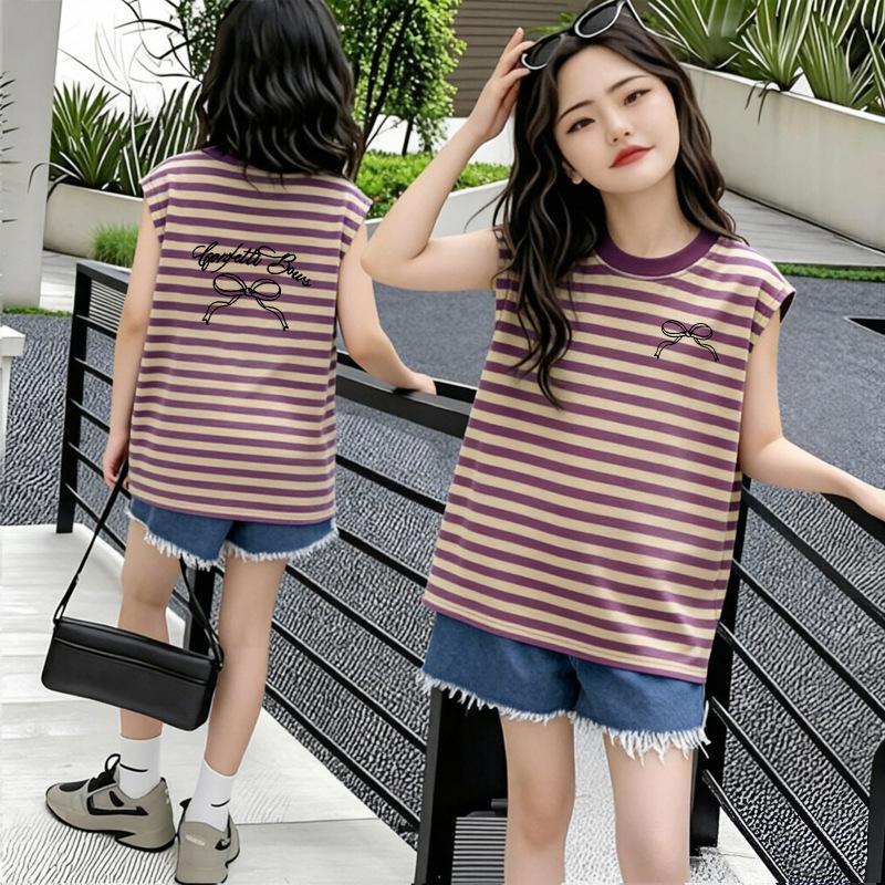 Korean Style Girls' Sleeveless Patchwork Stripe Cartoon T-shirt - Summer New Arrivals for Medium and Large Children