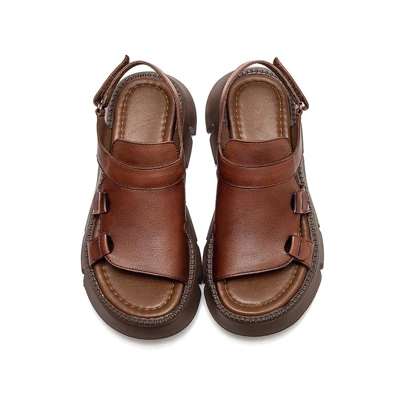 Fashion 5.5CM Summer Handmade Genuine Leather Sandals Women Designer Luxury Hook And Loop Wedges Platform Casual Sandals Women Shoes