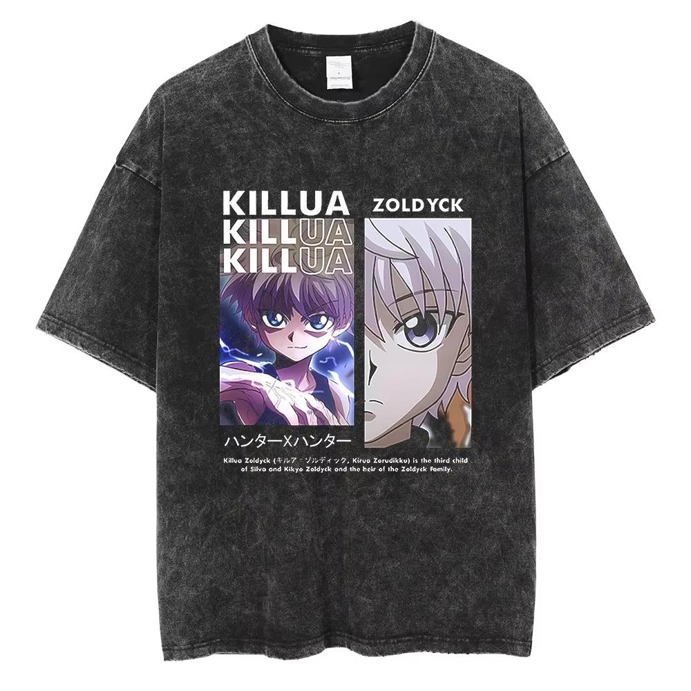 Heißer Verkauf Anime HUNTER×HUNTER Vintage Gewaschenes T-Shirt Herren Damen Lässig Retro Locker Baumwoll-T-Shirt Harajuku Hip Hop Punk T-Shirt