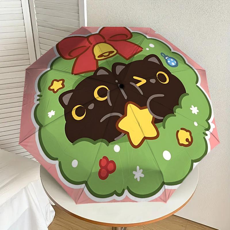 Christmas Cat Wreath Umbrella: A Festive, Auto-Opening Protection for Outdoor Adventures and Travel Gifts 050