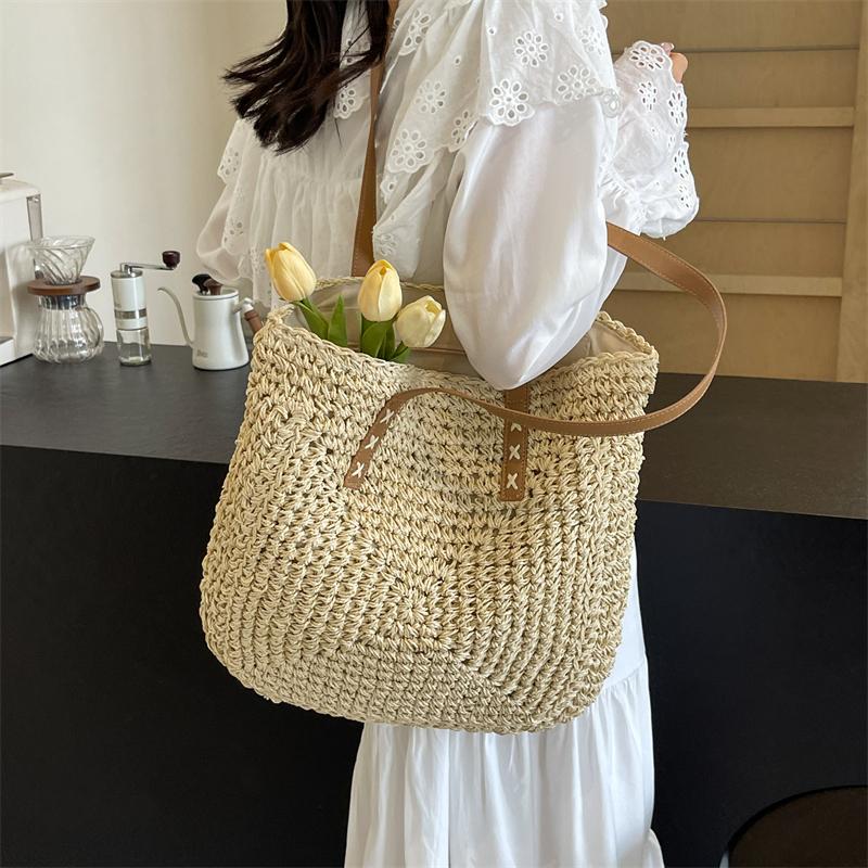 Women's Large Capacity Solid Color Shoulder Bag Summer Straw Woven Handbag Fashion Female Luxury Designer Beach Bag Shopper Tote