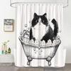 Funny Black Cat Shower Curtain Ink Painting Cute Cat In Bathtub Asian Style Japanese Art Chinese Fabric Bathroom Decor Curtain