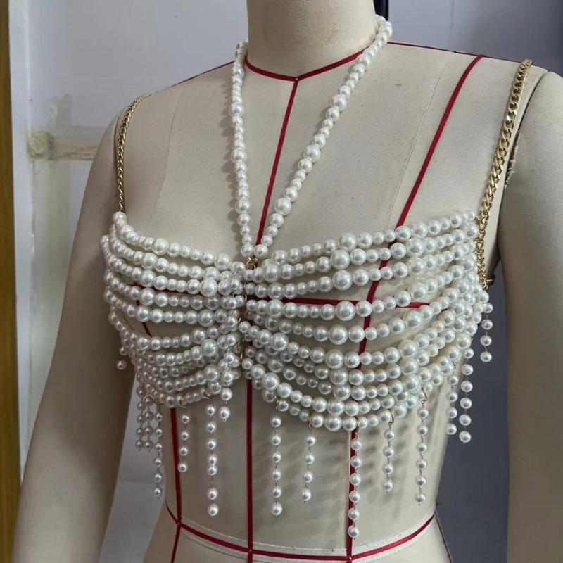 Adjustable Pearls Body Jewelry Body Chain Decoration for Trendy Women Strapless Dresses and Casual Stylish Outfits