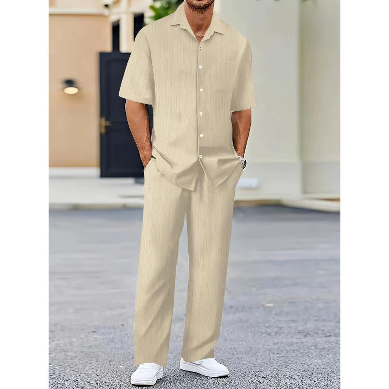 Men's Lapel Solid Color Short Sleeve Shirt and Drawstring Pants Set
