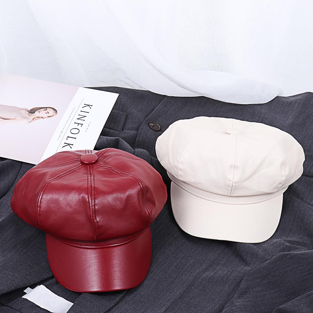 Casual Octagonal New Fashion PU Leather Peaked Cap Beret Hat Newsboy Cap Newsboy Hat