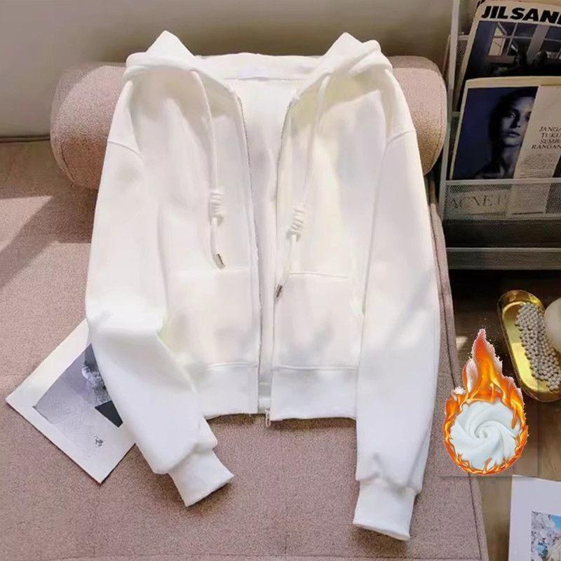 A Petite, Simple White Hooded Sweatshirt for Women In Autumn and Winter, Thickened with Fleece, Slimming Loose Cardigan