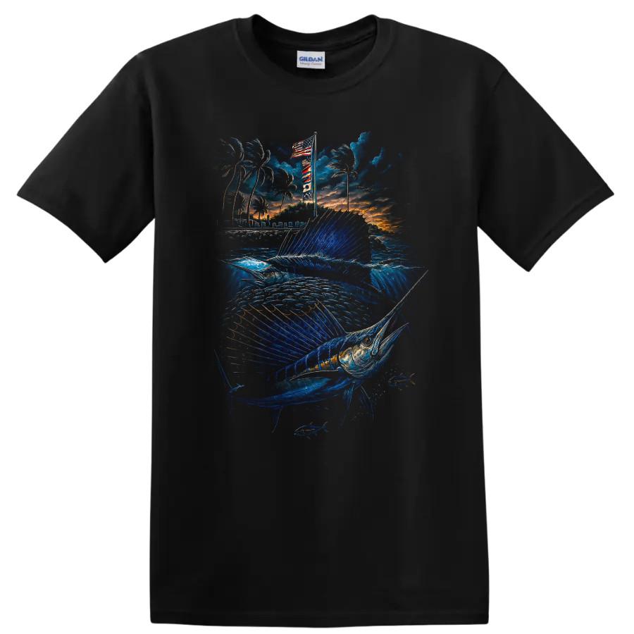 Fishing T Shirt Sea Blue Marlin w/ Tropical Sunset Palm Trees Tee