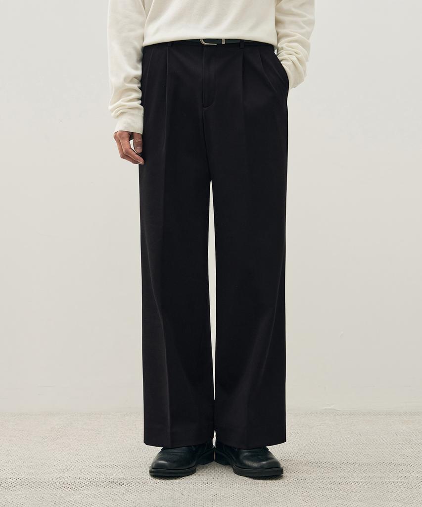 DRAW FIT Double-Pleated Elastic Wide Slacks [Black]