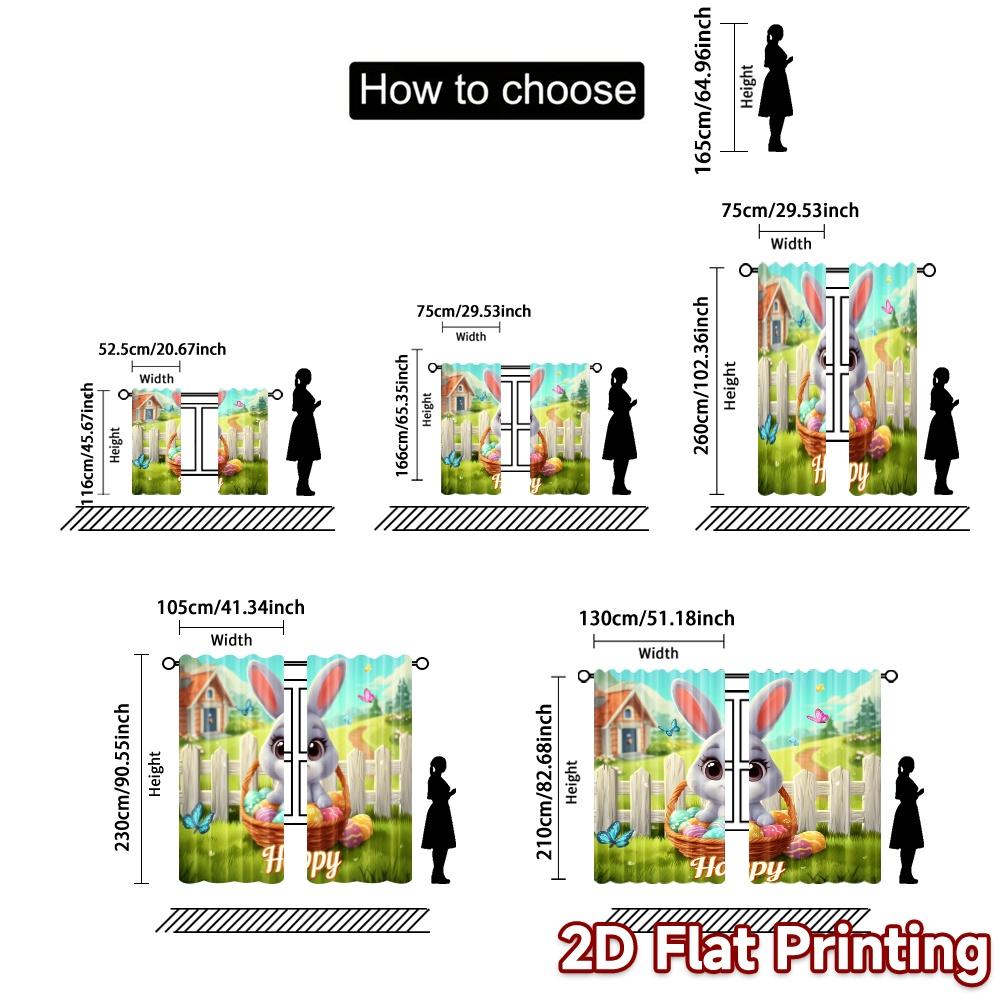 2pcs   2D FLAT PRINTING Curtains (Without Rod) EasterBunnyGarden Light Filtering Modern Curtains Polyester Easy Install Curtains