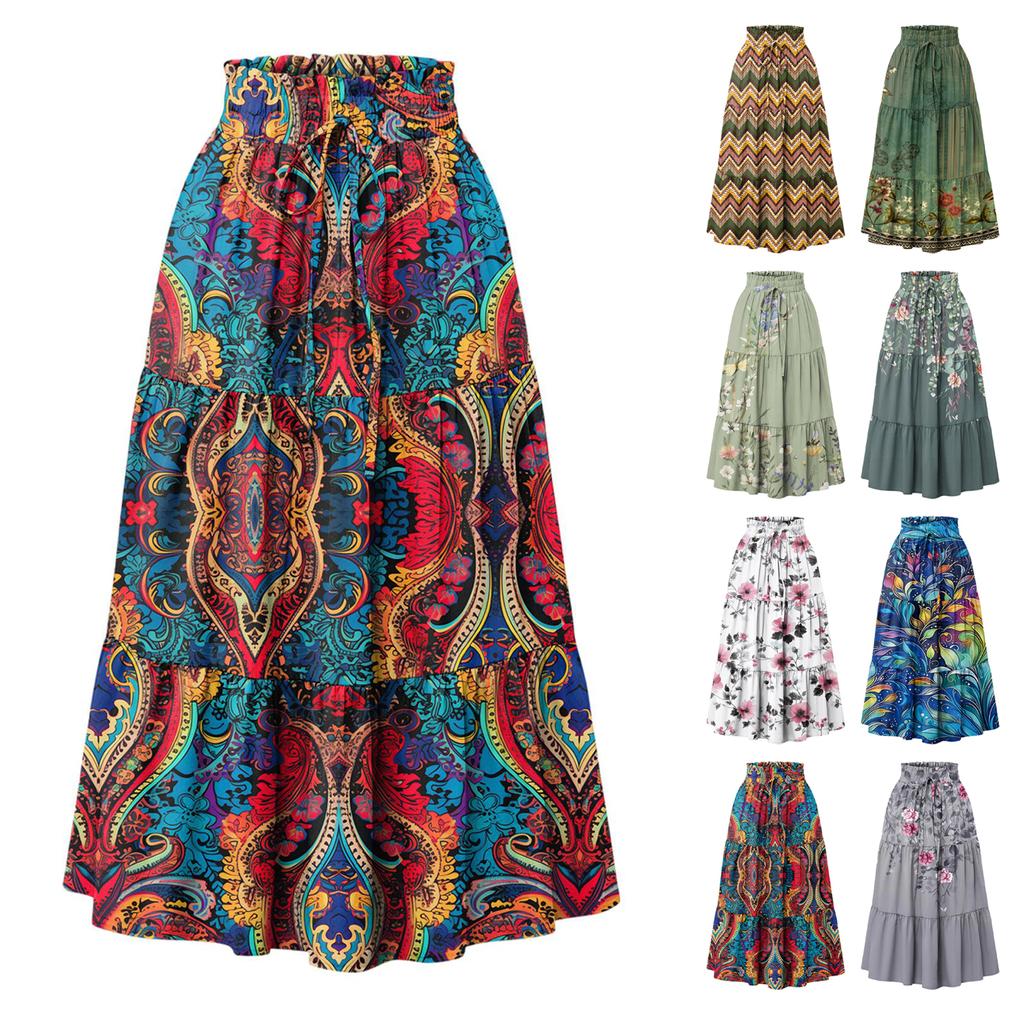Women High Waist Bohemian Printed Maxi Skirt Elastic Waistband Drawstring Tiered A Line Long Skirt Summer Casual Wear