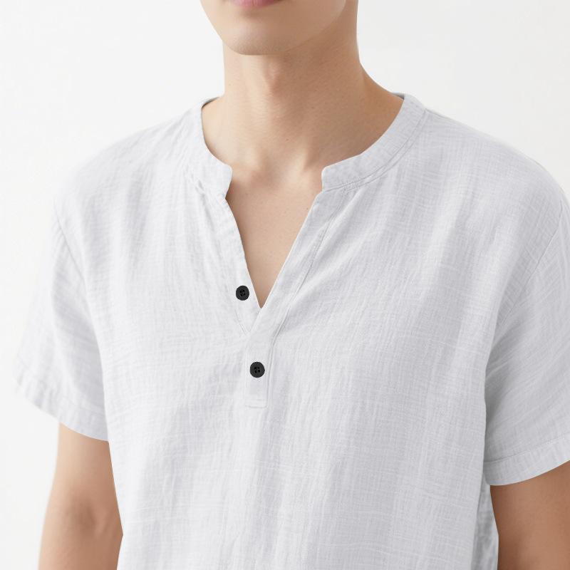 Chemise d'été décontractée ample pour homme avec col montant en lin à manches courtes de couleur unie Grande taille Vêtements pour homme