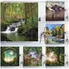 Nature Shower Curtains Stream Flowing In Forest Mossy Rocks Trees Foliage Splash Landscape Fabric Bathroom Decor Set with Hooks