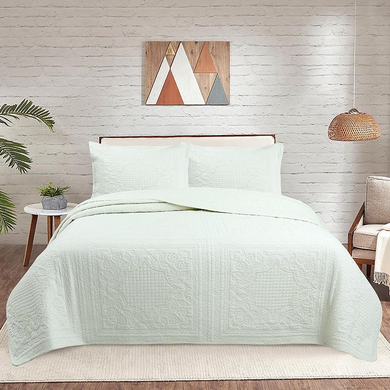 American-Style Quilted Cotton Bedspread Set - 3-Piece Washed Solid Color Bedding