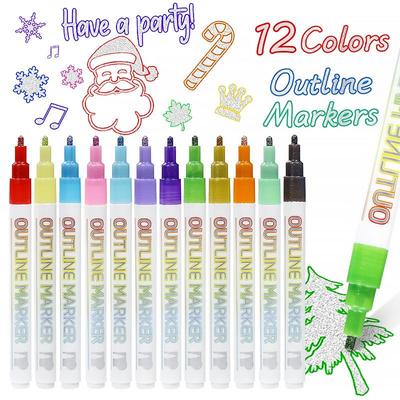 Double Line Pen 8 / 12 Colors 1-3MM Multicolor Glitter Marker Colorful Highlighter Fluorescent Marker Outline Pens