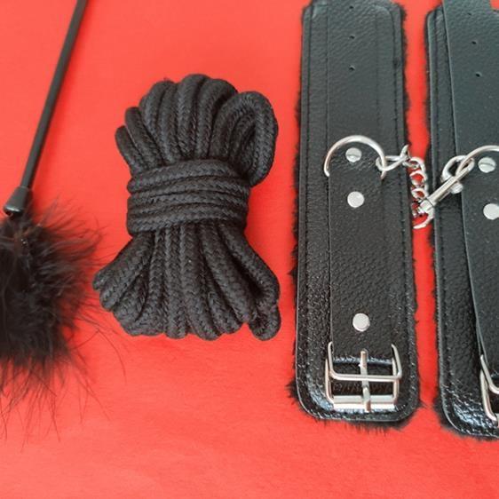 Flirty Bondage Set: Leather Handcuffs, Whip, Collar & Nipple Clamps