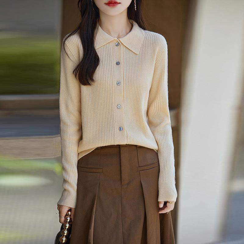 2024 Women's Autumn/Winter 100% Wool Striped Polo Collar Cardigan - Loose, Slimming, Versatile Fashion