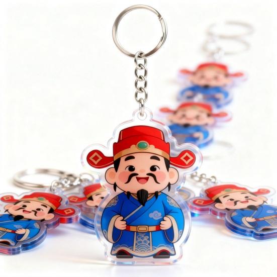 Keychain Pendant God of Wealth Charm Acrylic Double-Sided Clear National Keychain Lucky Yuanbao Decoration