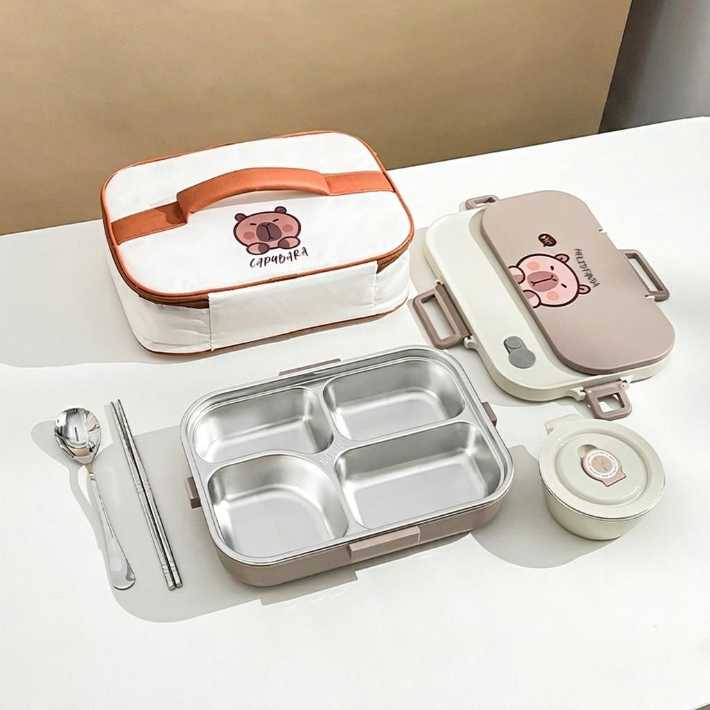 4/5 Grids Cartoon Lunch Container With Tableware 4/5 Compartment Portable 304 Stainless Steel Bento Lunch Box For Kids Students