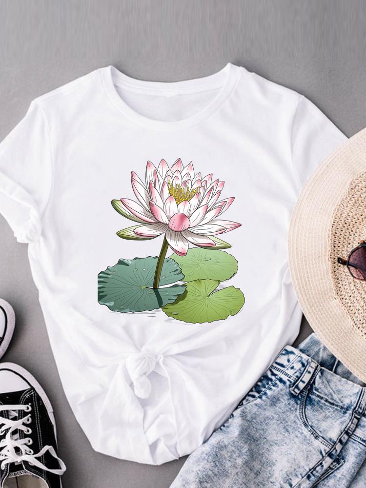 (Asian Size) Lovely Flower Short Sleeve T-shirts T Clothing Fashion Print Female Casual Women's Top Graphic Tee