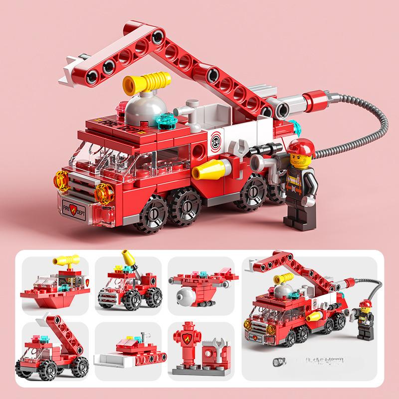 100pcs+ 6IN1 Building Blocks City Fire Car Police Truck Engineering Crane Tank Helicopter Bricks Set Toys for Children Kids