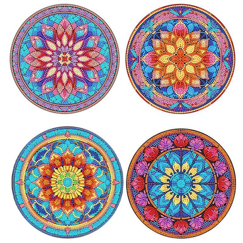 ABUL-4Pcs DIY Diamond Art Painting Placemat Round Non-Slip Acrylic Table Mats For Table Decor Easy Install A