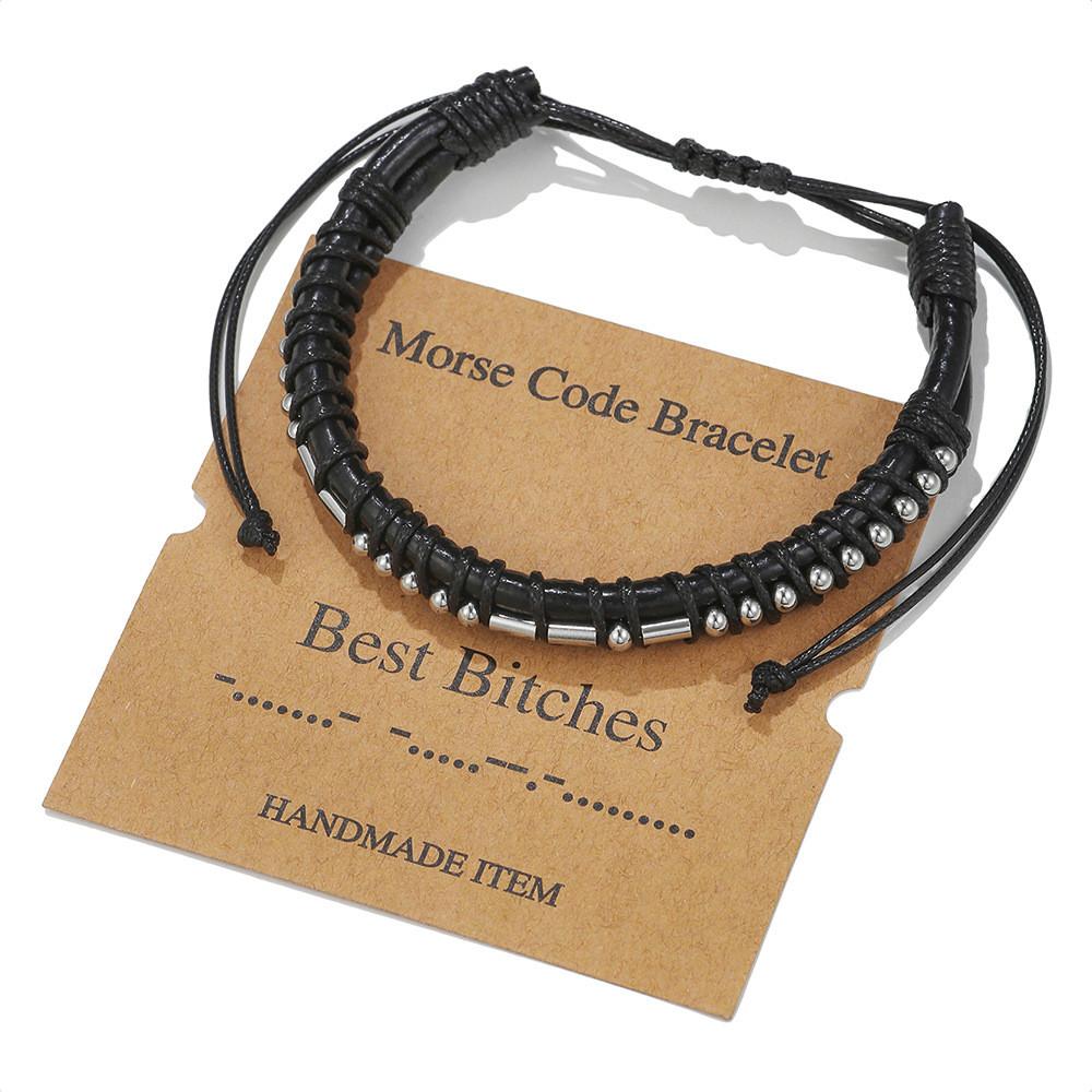 Morse Code Leather Bracelet With Stainless Steel Charms For Couples And Gift Giving