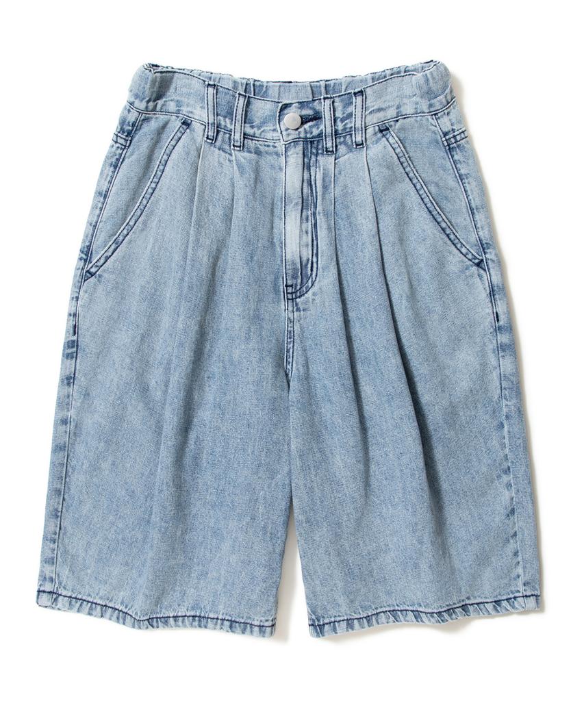 AOTT Linen Denim Wide Double-Pleat Bermuda Pants Light Blue