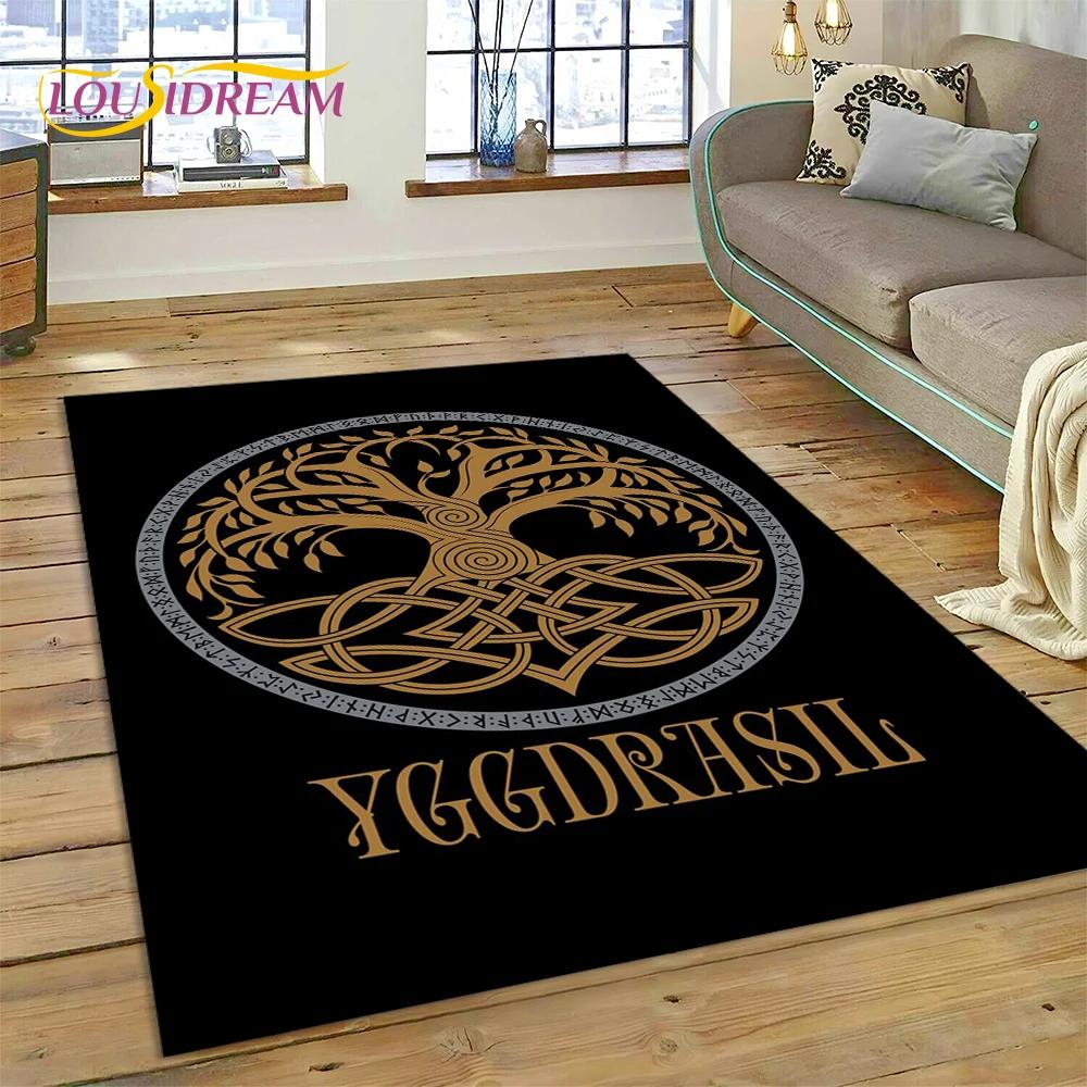 Teppich mit Wikinger-Symbolen aus der nordischen Mythologie, Odin, Walhalla, für Zuhause, Wohnzimmer, Schlafzimmer, Sofa, Fußmatte, Dekor, rutschfeste Bodenmatte für Kinder