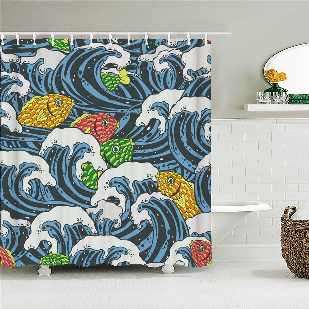 Japanese Sea Waves Koi Spray Fabric Shower Curtain Bathroom Curtains Plum Blossoms Mount Fuji Landscape Bath Screen Hooks Polyester Perfect For