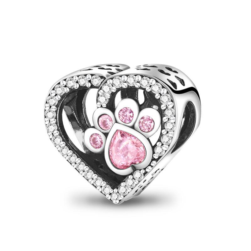 Dogs Pet Charm Bead Charms Copper Heart Shaped Pink Zircon Claws Pendants Compatible With Authentic Bracelets Fine Do It Yourself Birthday Jewellery G