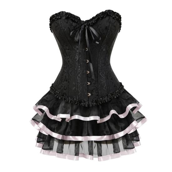 Sada sukně a korzetu pro ženy Květinový korzetový top a sada tylové sukně Sexy šněrovací babydoll kostým pro viktoriánský vintage styl Cosplay párty