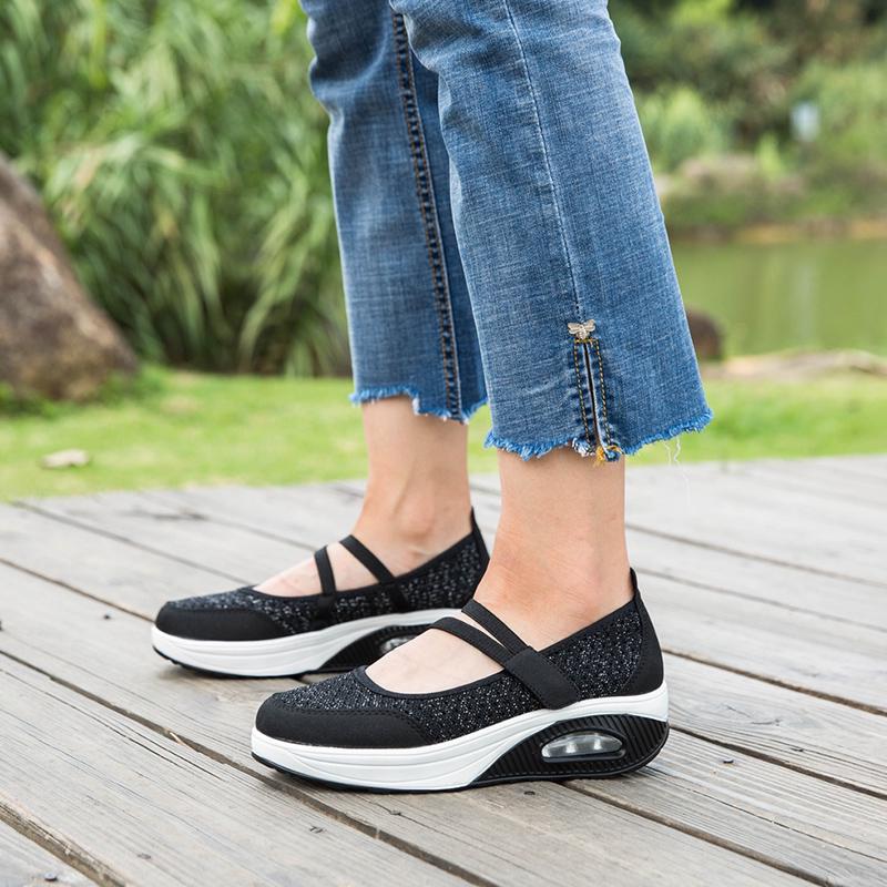 Women's Breathable Nurse Shoes Air Cushion Mesh Wedge Walking Shoes Hook & Loop Non-slip Lightweight Casual Footwear Thick Soled