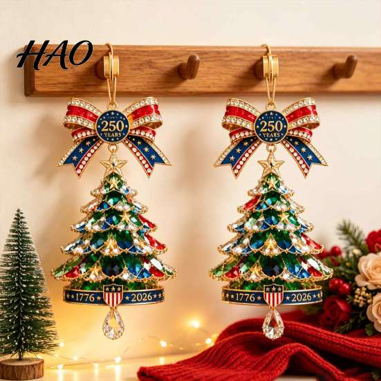 Crystal Diamond Tree Decor 250th Anniversary Christmas Ornament, 2D Acrylic Decor, Gold Edge Charms 1776-2026 Patriotic Commemorative Hanging