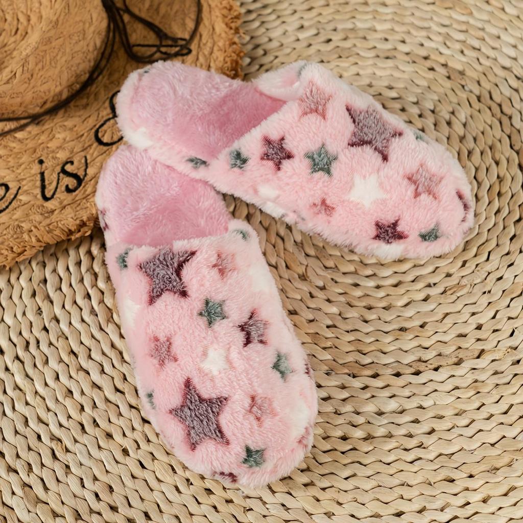 Autumn and Winter Colorful Star Plush-Lined Warm and Comfortable Closed Fluffy Slippers for Women, Home Slippers