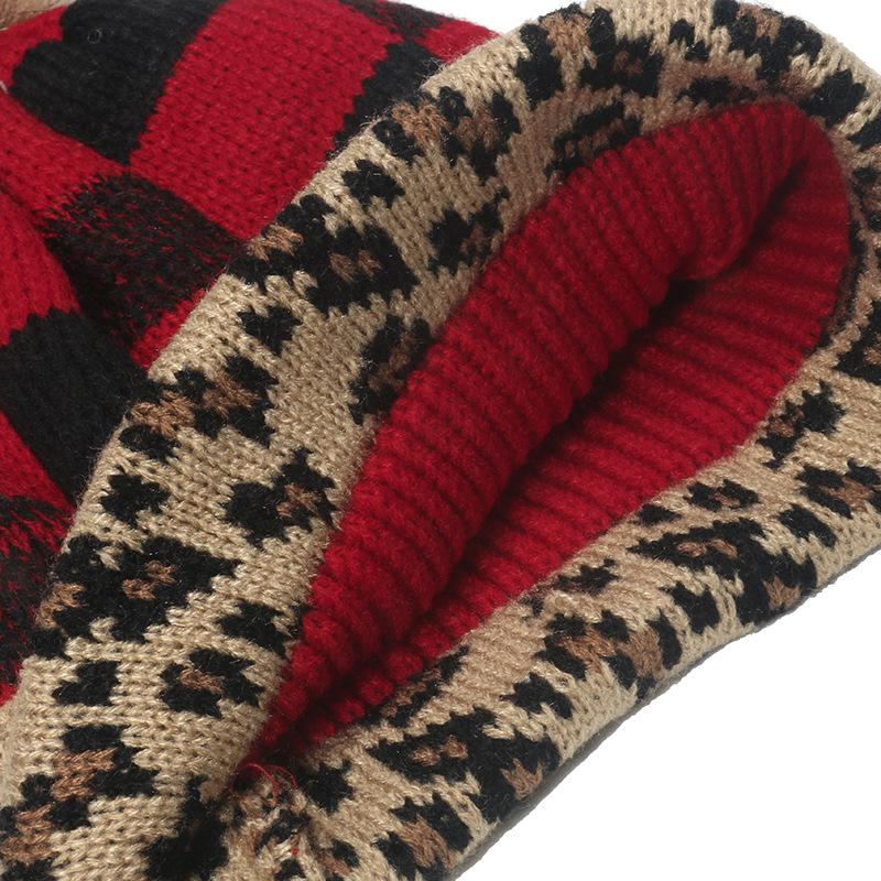 Cross-border Amazon Autumn and Winter Foreign Trade Explosion Hairball Knitted Hat Leopard Print Plaid Wool Hat Women's Warm Hat Women