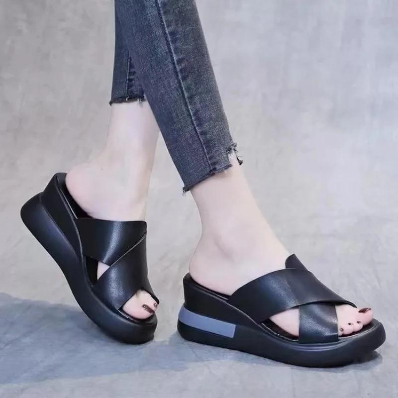 Fashion Round Head Wedge Slippers Women's Thick Sole Summer Fish Mouth High Heels Soft Leather Sandals