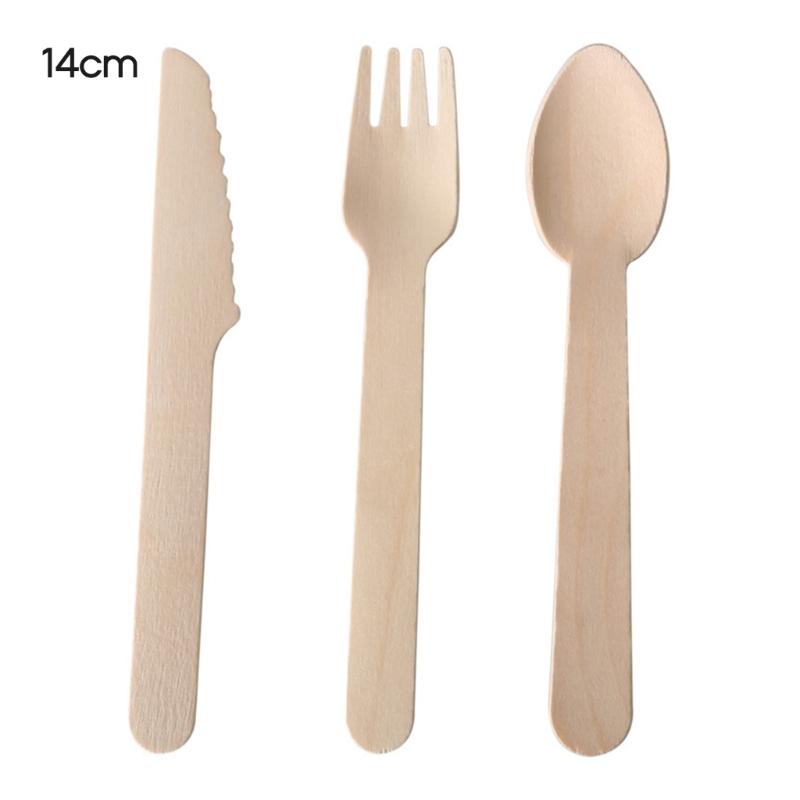 Förpackning med 100 Engångs Träsked Gaffel Kniv Bestick för Fest Camping Sammankomster Björkved
