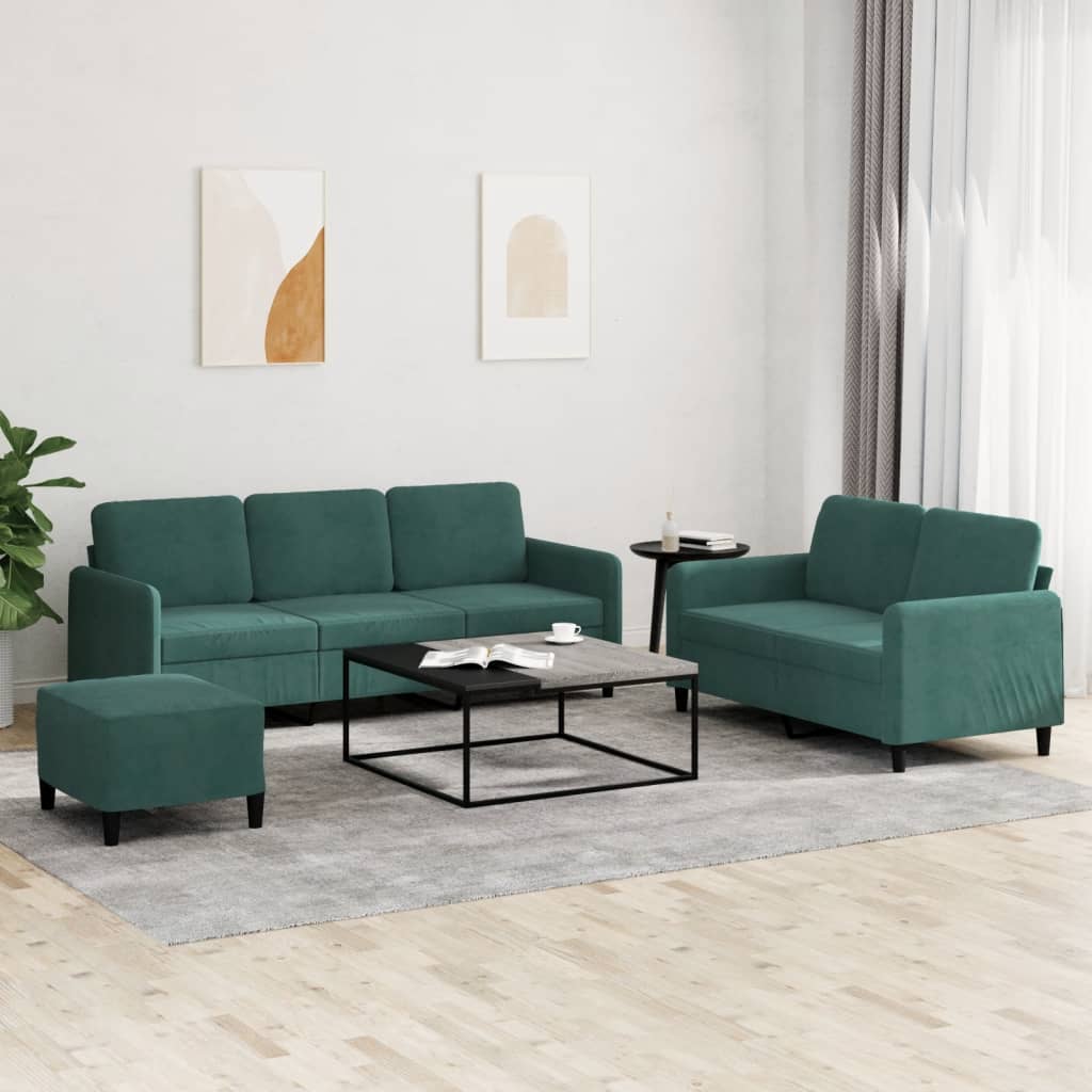 Vidaxl 3-Cz. Living Room Set, Dark Green, Upholstered In Velvet